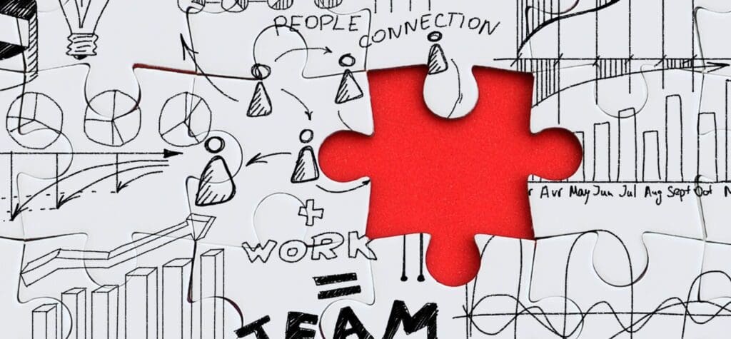 puzzle with business planning and drawings, but one missing piece